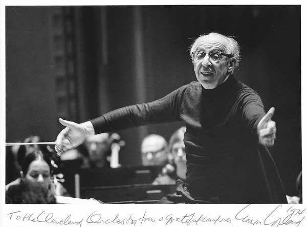 A male conductor with his arms spread out.