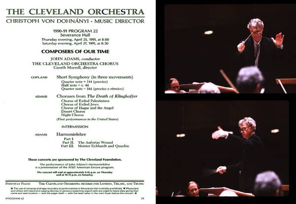 concert program with text: The Cleveland Orchestra. Composers of our Time, John Adams, conductor. Two images of a conductor with arms outstretched.