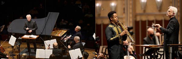 : A conductor stands onstage with a person playing the piano. A conductor stands beside a person playing the saxophone.