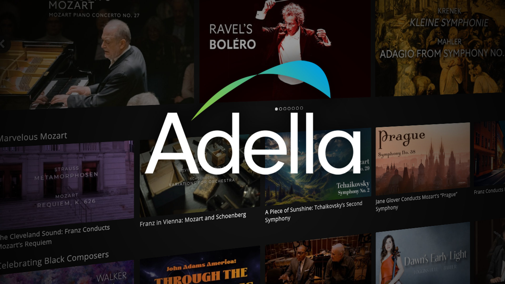 Adella logo over a screen shot of episodes