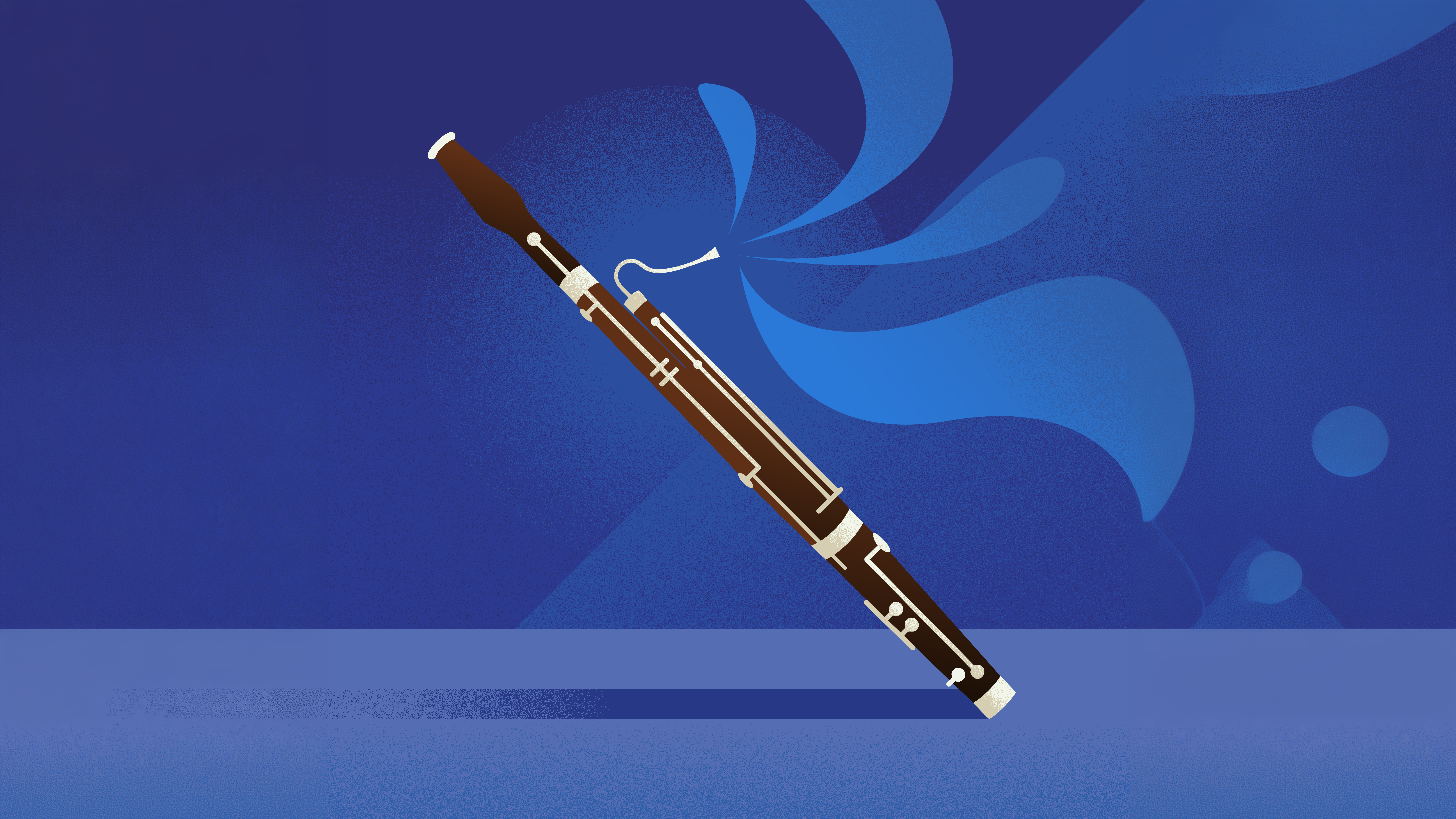 Brown bassoon with gold highlights over blue abstract wave background