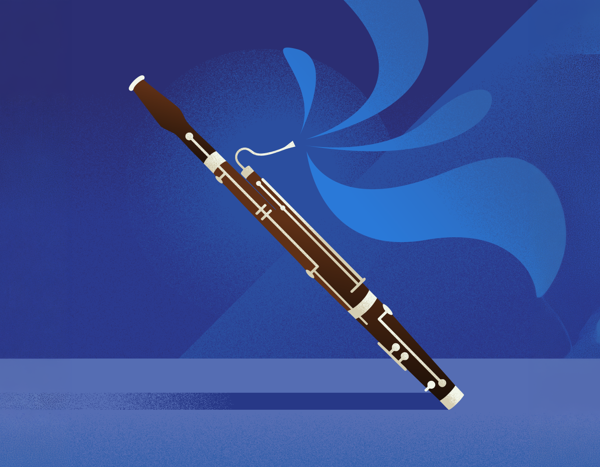 Brown bassoon with gold highlights over blue abstract wave background