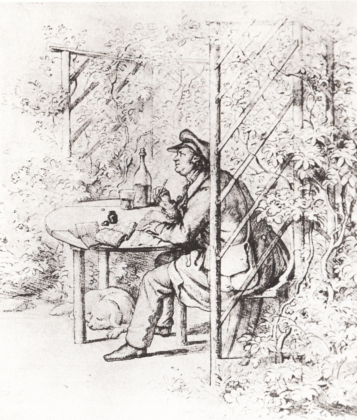 Black-and-white sketch of Jean Paul Richter sitting, drinking, and writing in a garden. His dog sleeps at his feet.