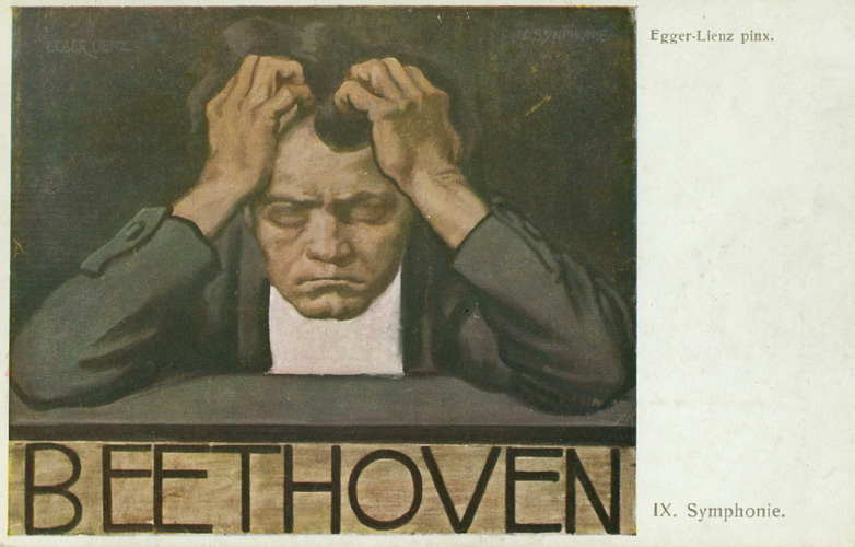 Beethoven, holding his head in his hands, has a pained expression and looks to be deep in thought.