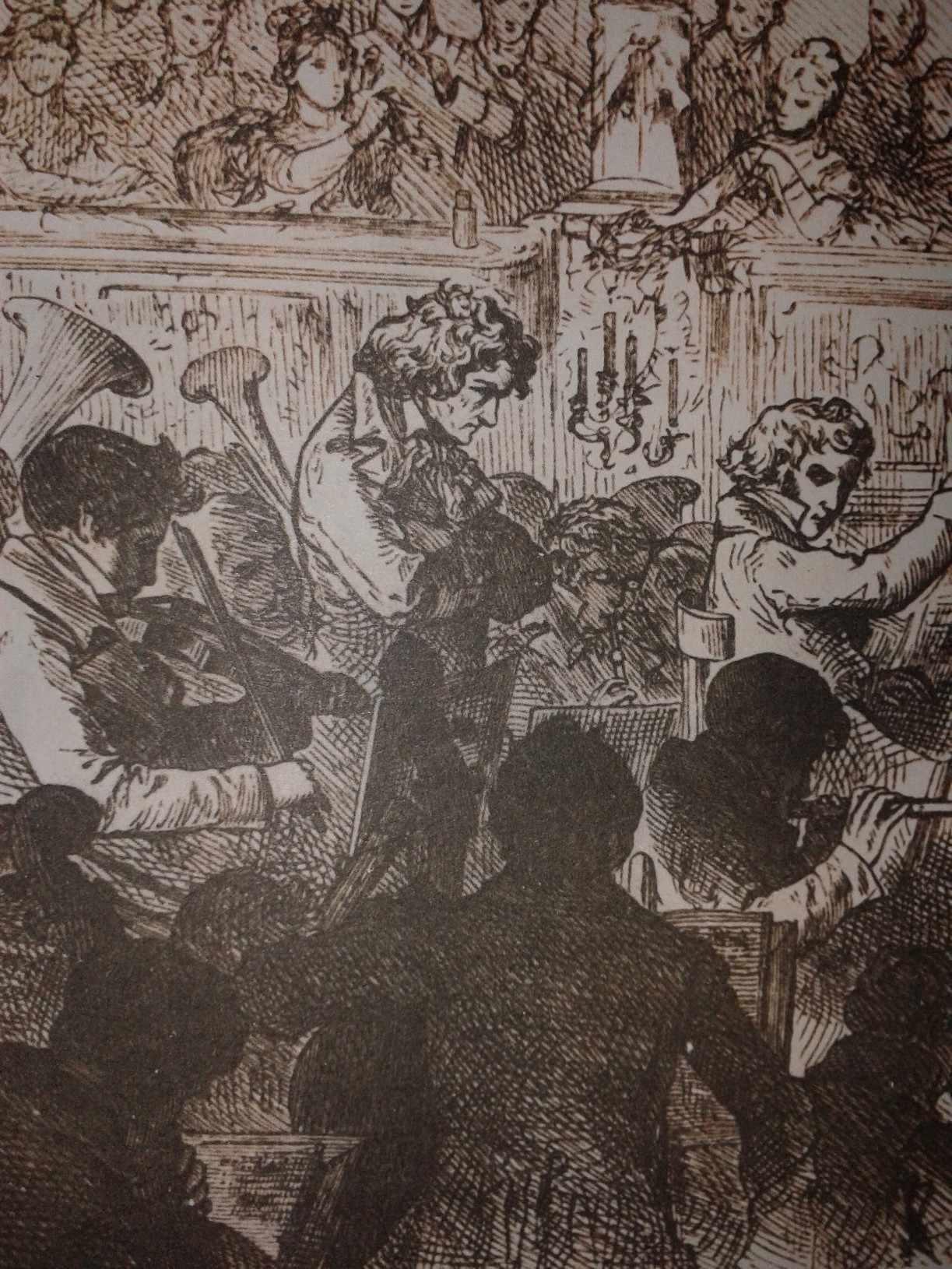 Beethoven stands in the middle of an orchestra as he conducts them in his Ninth Symphony.