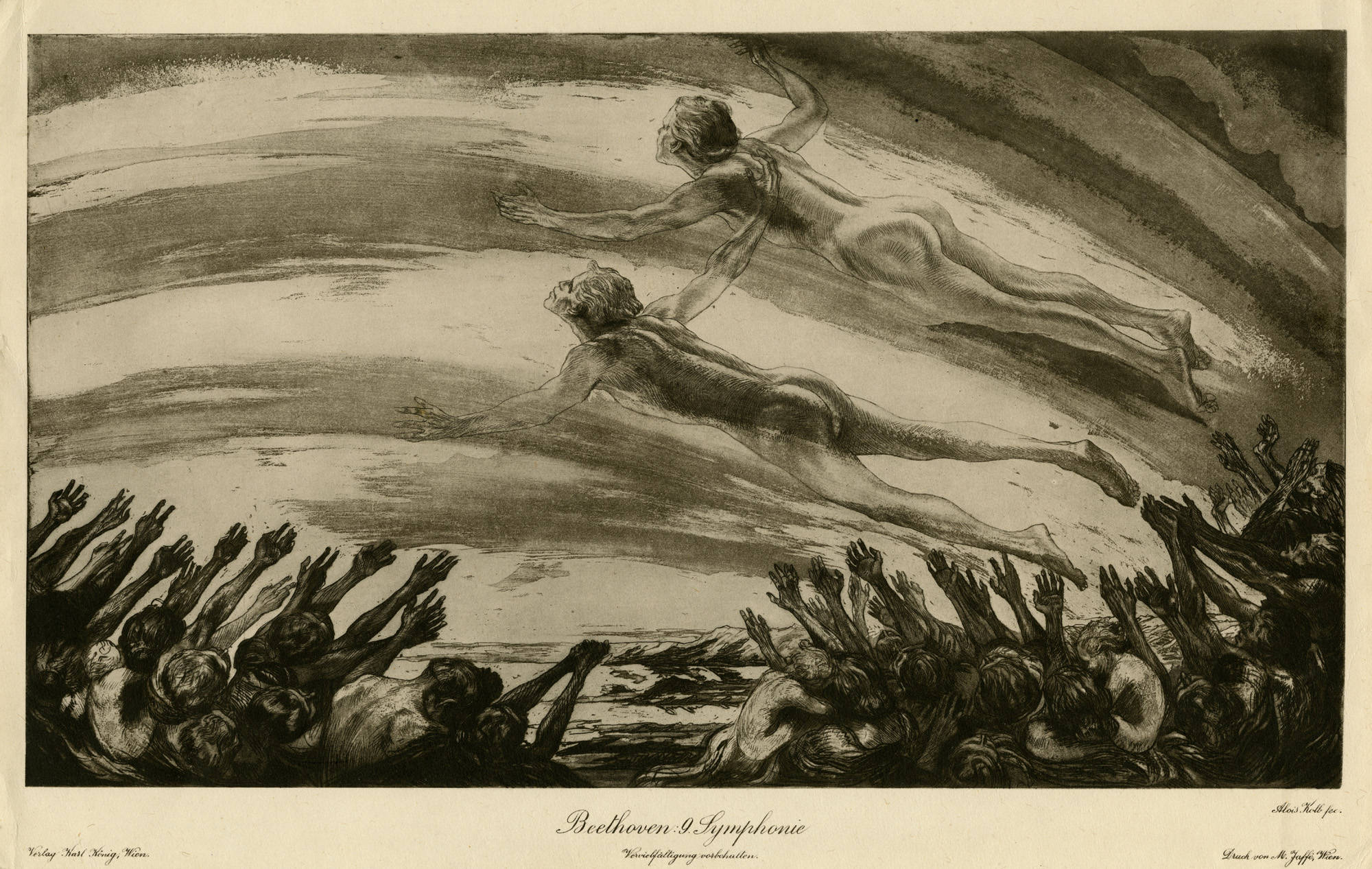 Two figures suspended above a crowd with outstretched hands reaching upwards.
