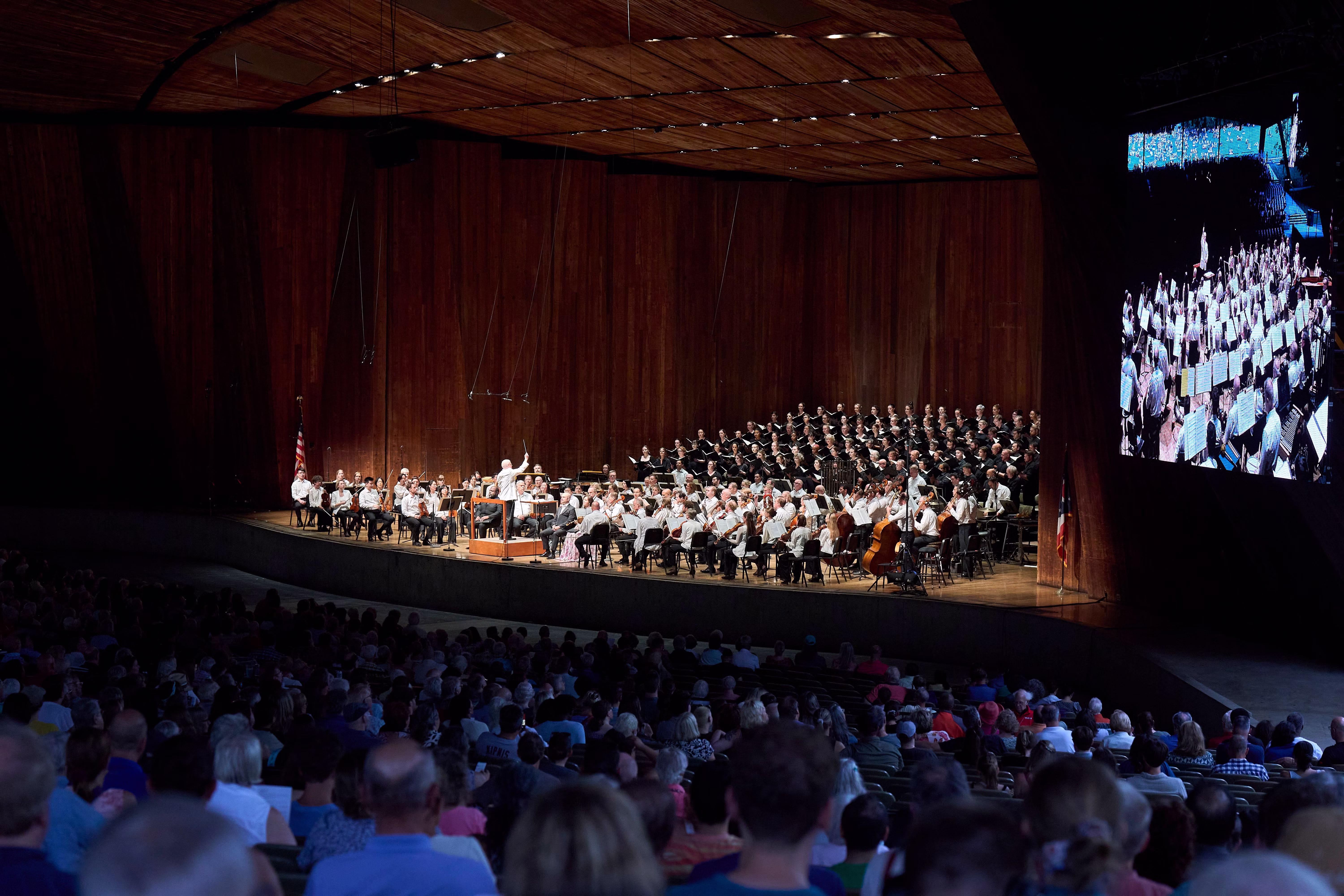 interior photo of Blossom Music Center pavilion with The Cleveland Orchestra on stage