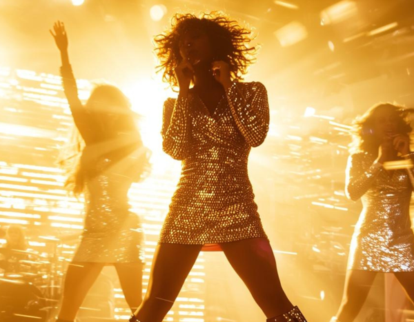 Silhouetted dancers in sparkly dresses perform under golden stage lights with motion blur trails