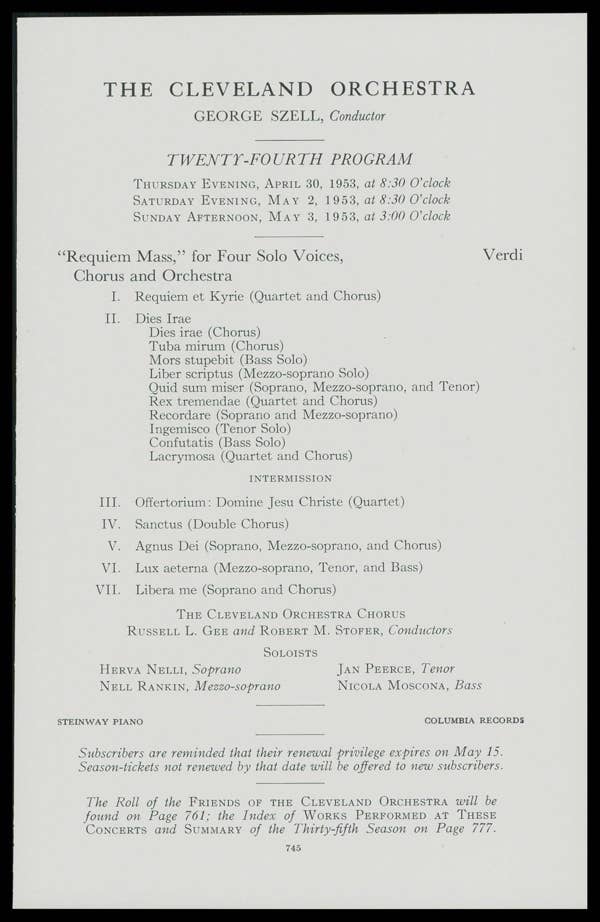 Program from the debut of the Cleveland Orchestra Chorus, with Gee and Stofer credited.