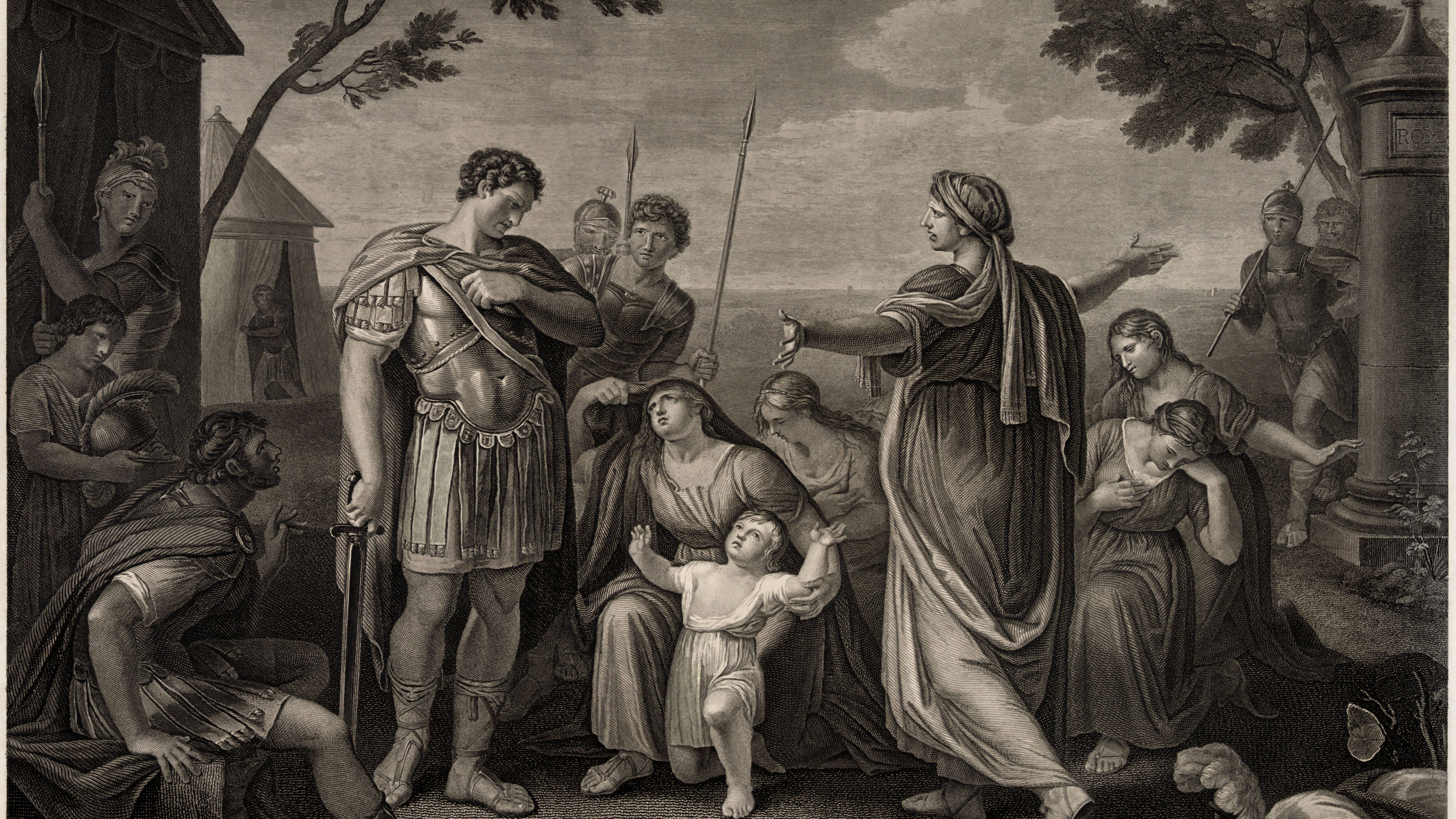 Coriolanus, in Roman armor, is confronted by his mother, wife, and other women of Rome. He seems to be wavering: his sword is now pointing toward the ground and his hand is over his chest.
