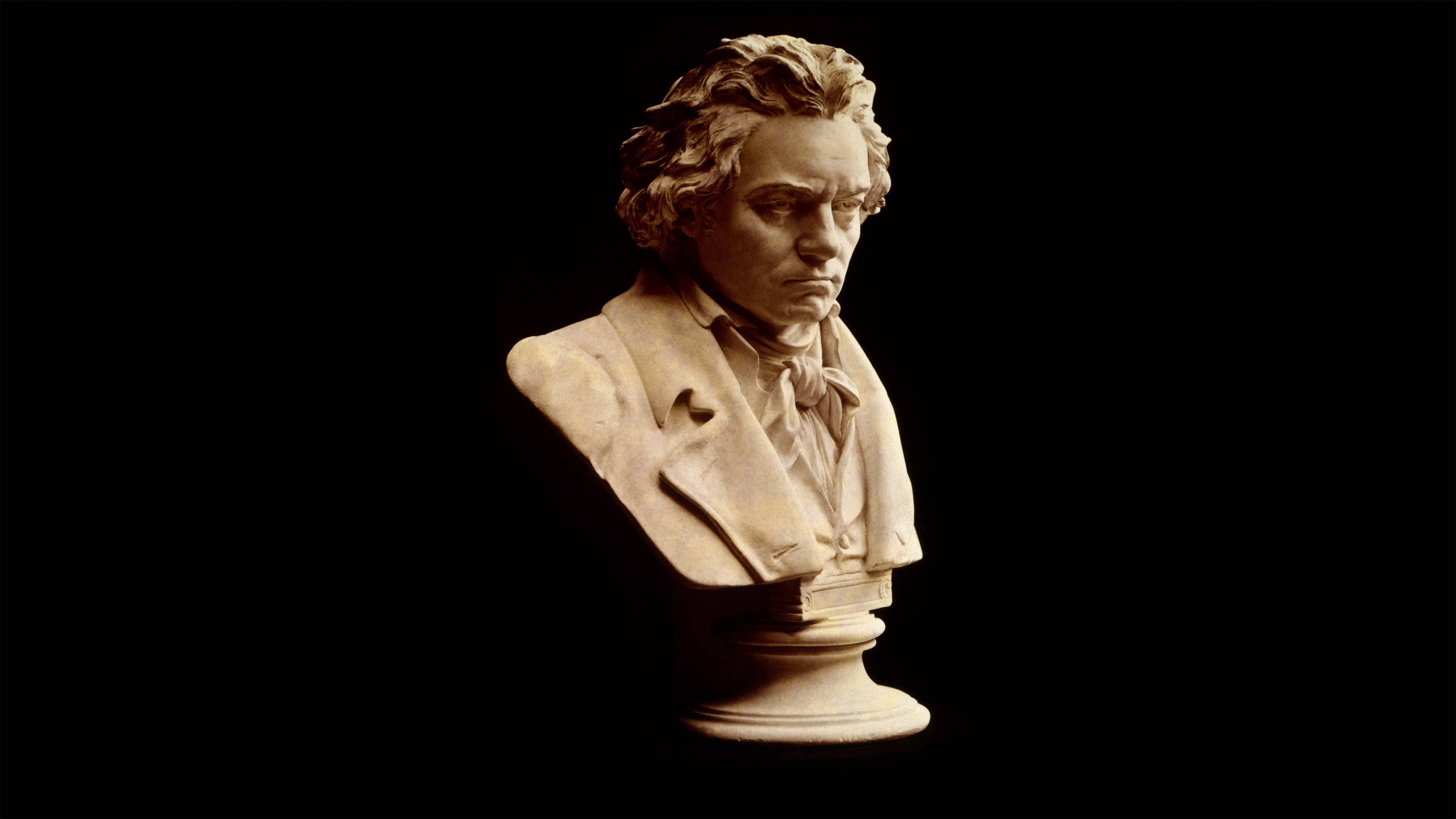 A bust of Beethoven. He looks sad and brooding.