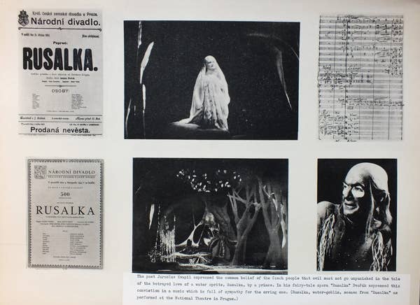Plate from Prague album dedicated to Dvořák’s opera Rusalka, 1900, including pictures of Rusalka score and manuscript and scenes from Rusalka as performed at the National Theater in Prague.