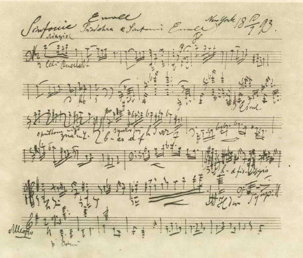 Czech postcard featuring the beginning of Dvořák’s manuscript of his Symphony No. 9, “From the New World.”