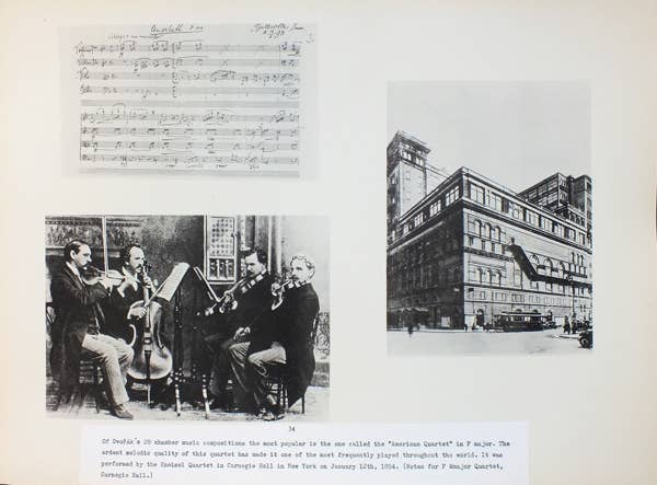 Plate from Prague album about Dvořák’s Quartet in F Major, “American.” (from top left: notes for F major Quartet; Kneisel Quartet rehearsing Dvořák’s quartet for its premiere; Carnegie Hall in 1893, where the quartet was first performed).