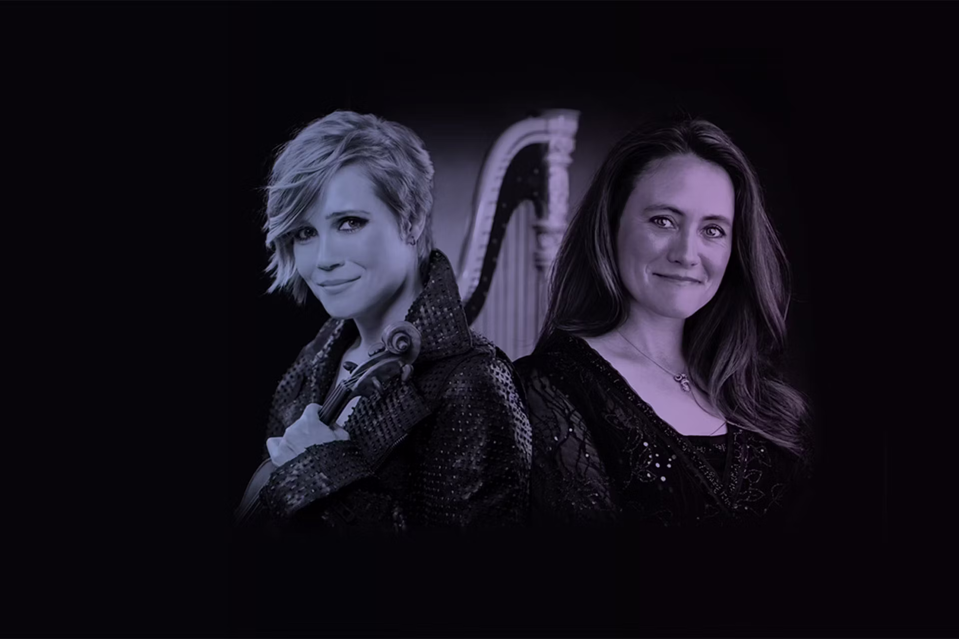 Leila Josefowicz and Trina Struble posed back to back on a black background