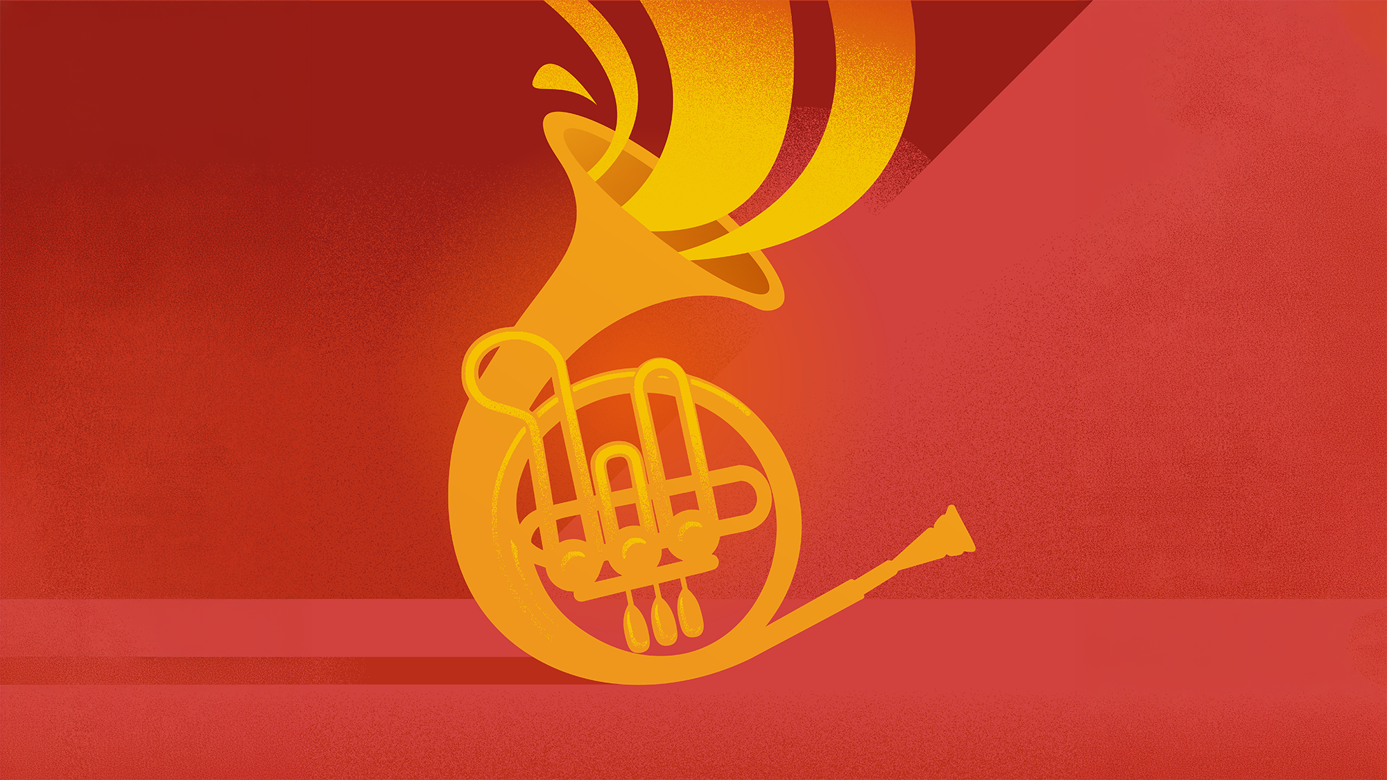 Stylized orange horn brass on a warm red gradient background.