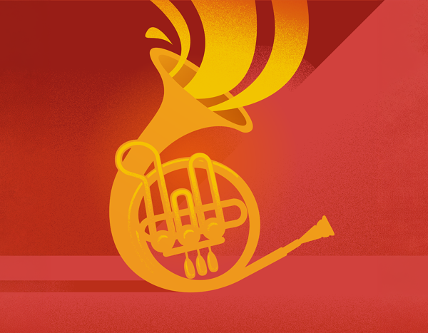 Stylized orange horn brass on a warm red gradient background.