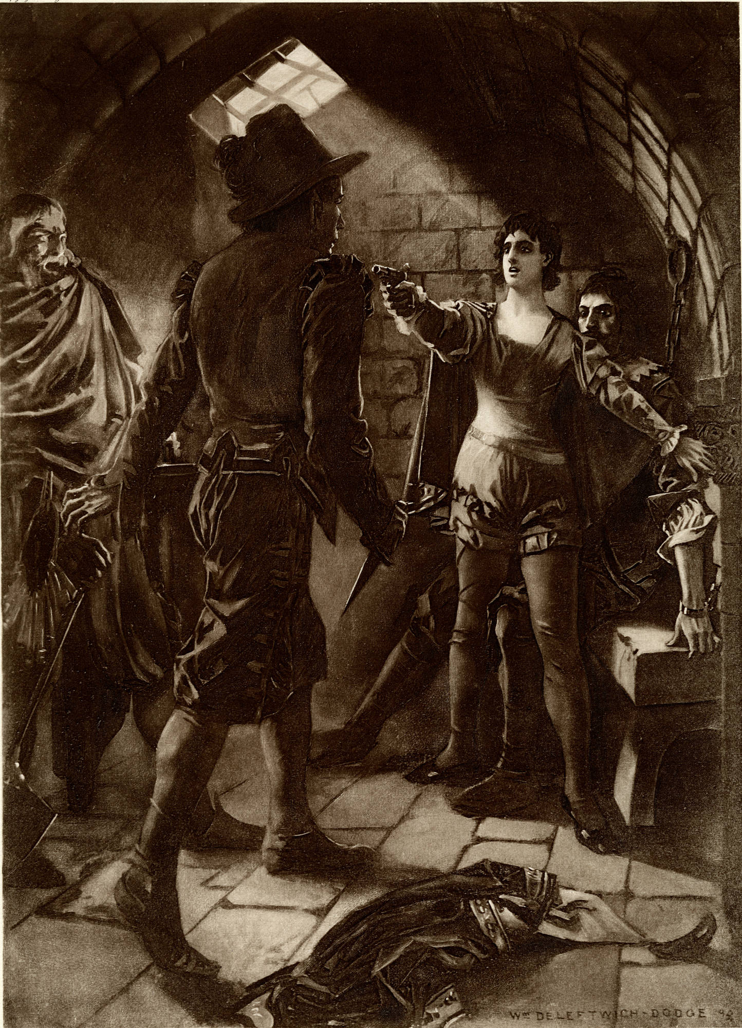 Don Pizarro, with his knife drawn, is approaching Florestan. Leonora, illuminated by light shining through the cell window, is shielding Florestan. She has drawn and aimed her pistol at Don Pizarro. Both Leonora and Florestan have their backs against the cell wall.