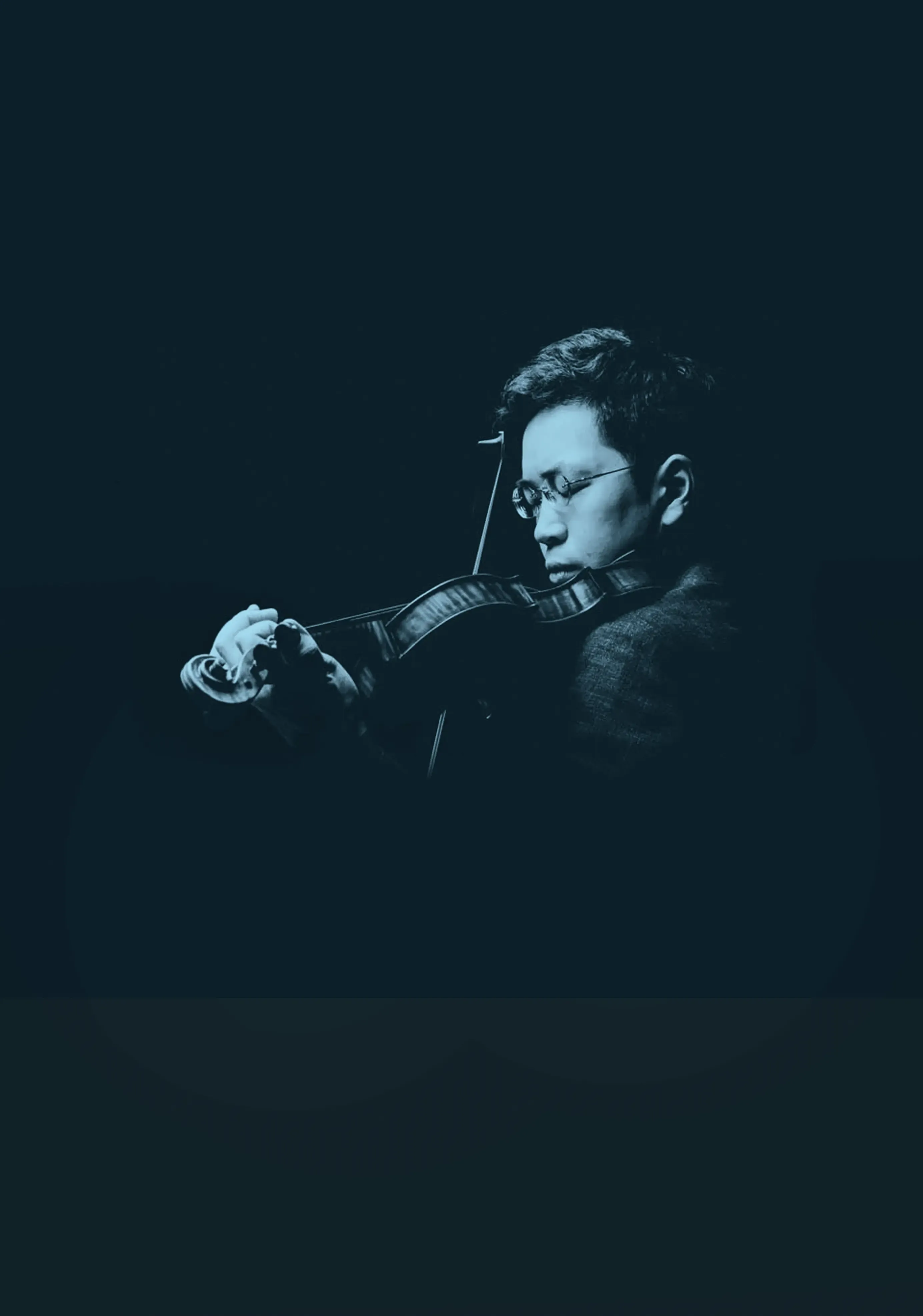 Paul Huang with glasses plays violin in dramatic blue light, holding the bow mid-performance against a dark background.