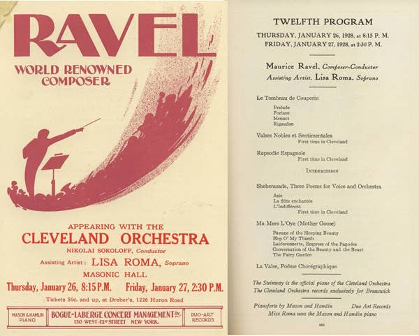 Flyer advertising Ravel’s visit to Cleveland, 1928 (left). Program from Ravel’s concert with The Cleveland Orchestra, 1928 (right).