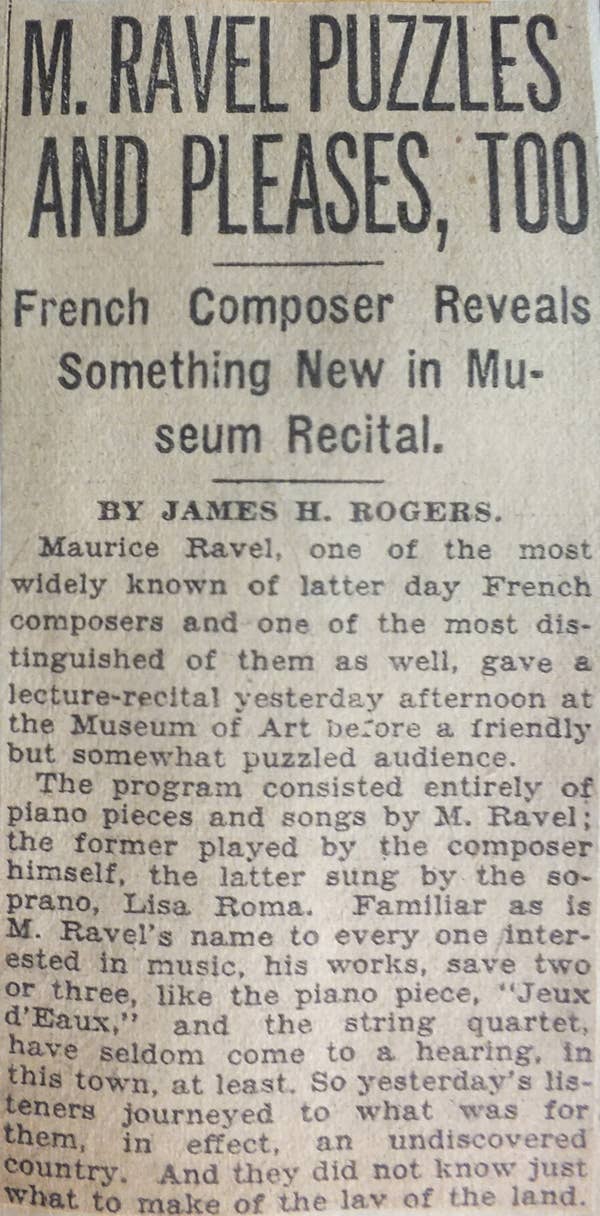 Excerpt of Rogers’s review of Ravel’s museum concert from The Plain Dealer, 1928.
