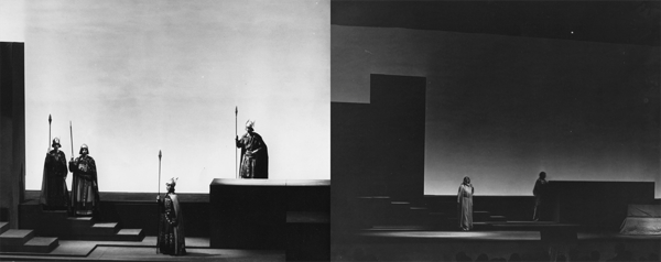 Two photos of actors on stage show a bright and dark backdrop.