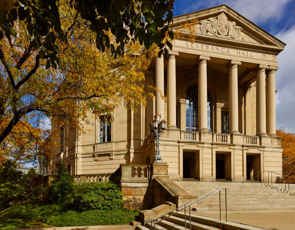 Severance Music Center framed with natural fall foliage