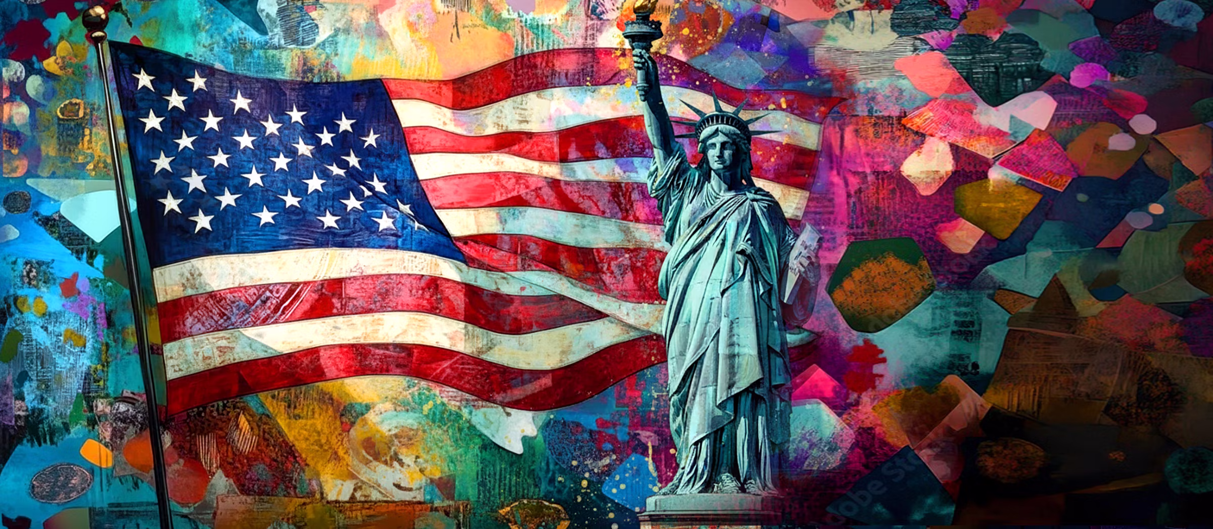 Colorful graffiti mural of the American flag with the Statue of Liberty in front, plus abstract splashes and shapes