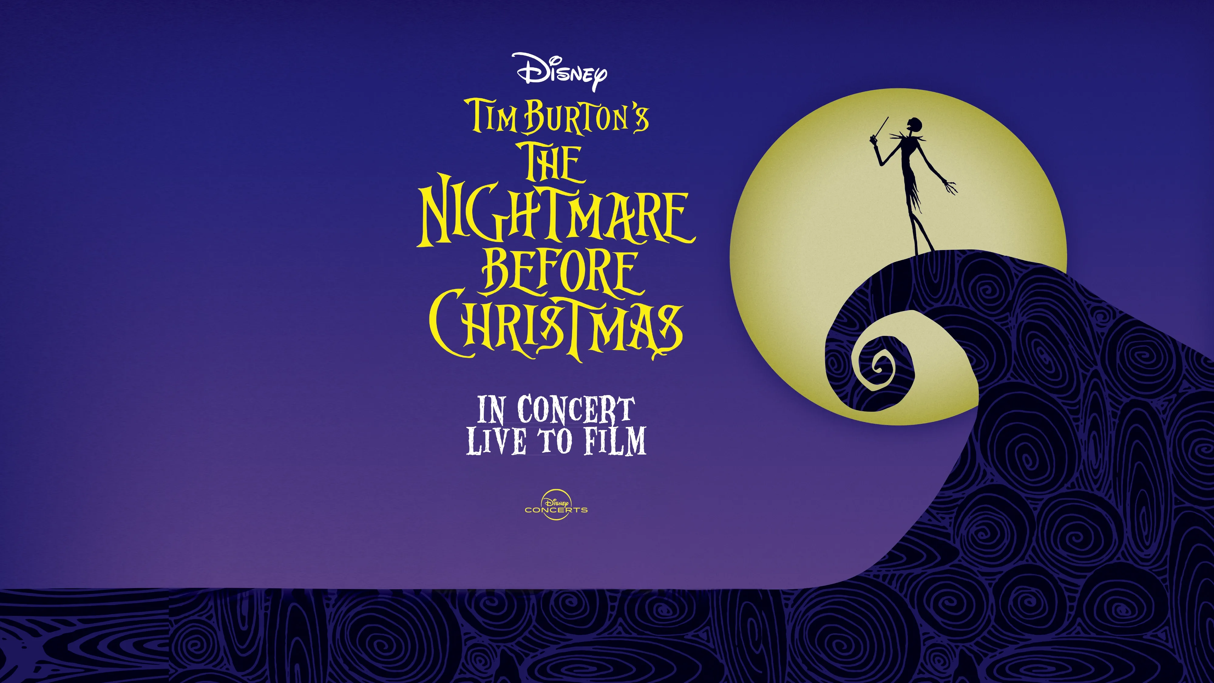 Disney Tim Burton’s The Nightmare Before Christmas concert poster with silhouetted figure on yellow moon