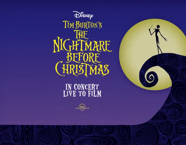 Disney Tim Burton’s The Nightmare Before Christmas concert poster with silhouetted figure on yellow moon