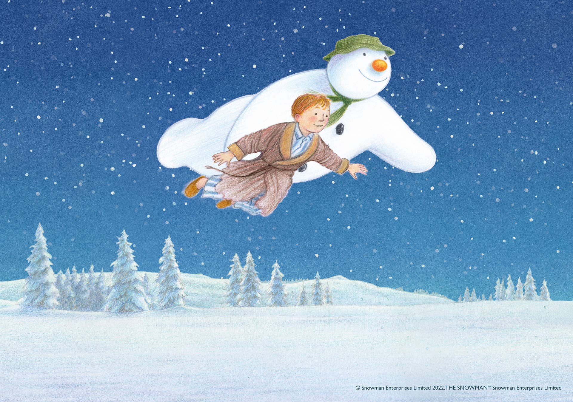 boy and snowman flying over snowy landscape