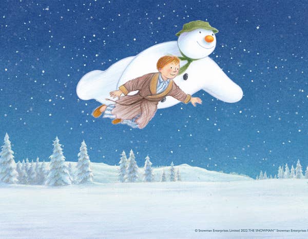 boy and snowman flying over snowy landscape