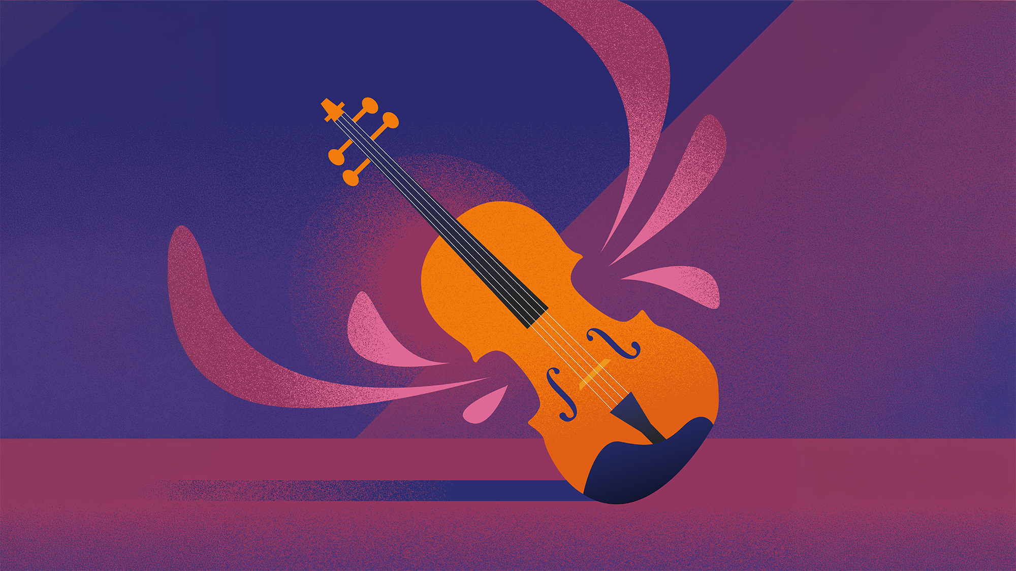 Orange viola with bow and strings, surrounded by pink and purple abstract shapes and splashes