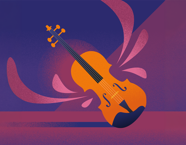 Orange viola with bow and strings, surrounded by pink and purple abstract shapes and splashes