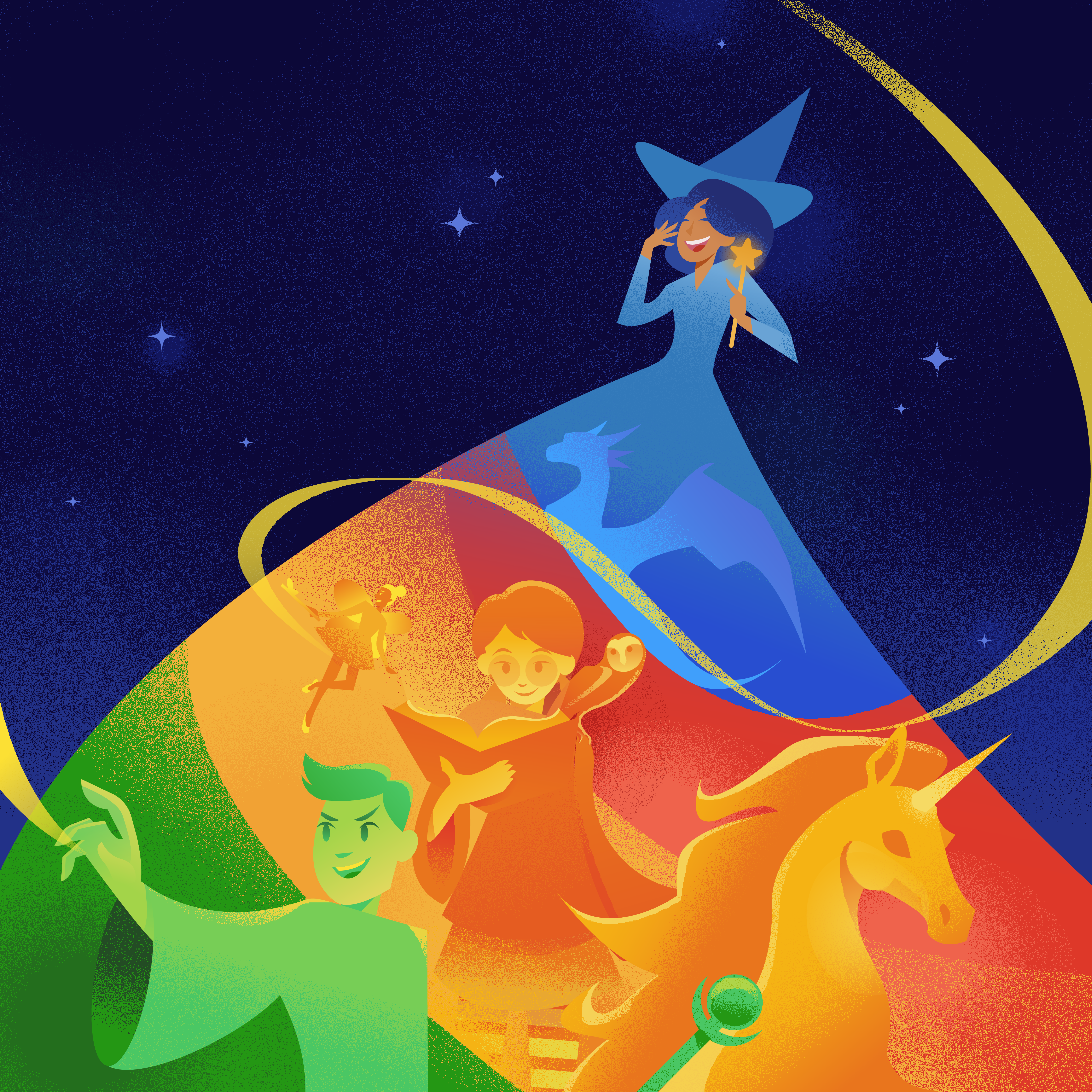 illustration of a witch, goblin, and other magical creatures