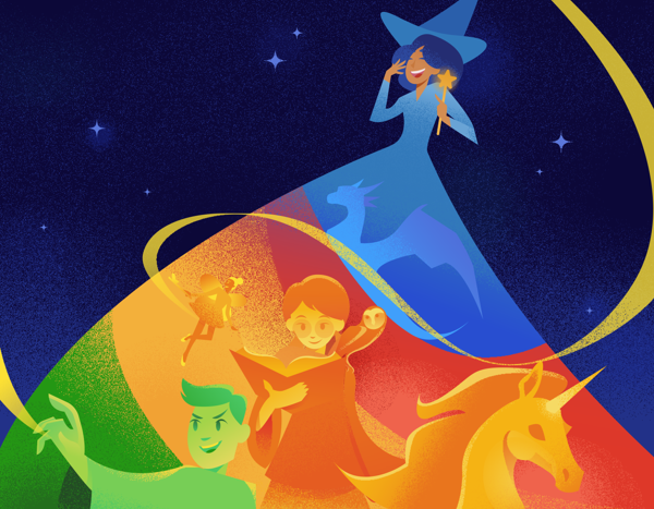 illustration of a witch, goblin, and other magical creatures