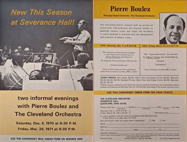 Advertisements for Boulez’s first Informal Evenings in the 1970–71 season highlighted the casual nature of this miniseries. 