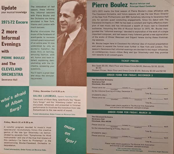 By the second year of the series, the focus of advertising materials was much more on the types of access and information concertgoers would gain from the lectures accompanying these evenings than on their relaxed environment. 
