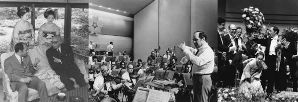 Photos from the Orchestra’s May 1970 tour to Japan (from left to right) show Boulez and Szell enjoying tea and leisure time, Boulez leading a rehearsal, and Boulez graciously accepting flowers following a performance. 