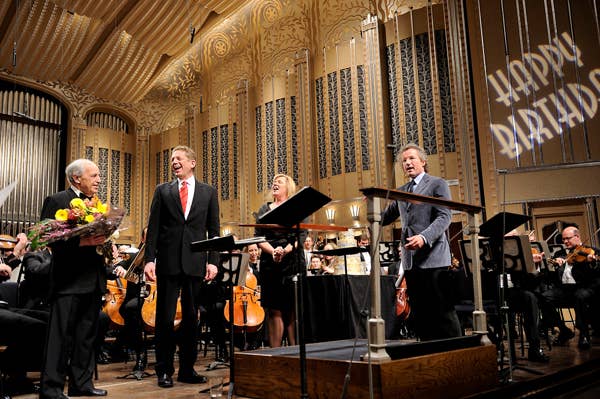 On February 7, 2010, (from left to right) Gary Hanson, Carol Lee Lott, and Franz Welser-Möst, and members of The Cleveland Orchestra serenaded Pierre Boulez (far left) for his 85th birthday.