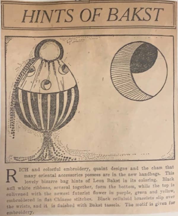 a newspaper illustration depicts and striped and beaded handbag