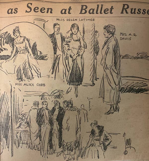 audience members are sketched in evening attire