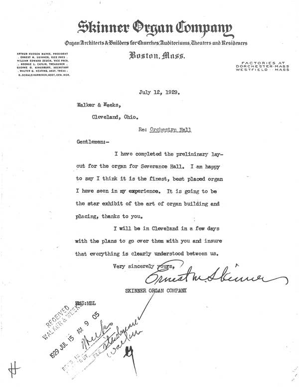 A letter from Ernest Skinner, dated July 12, 1929