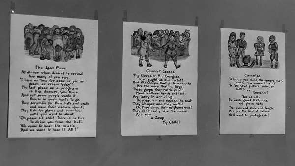 A hallway in Severance Hall where several of Baldwin’s concert behavior rhymes were hung, undated.