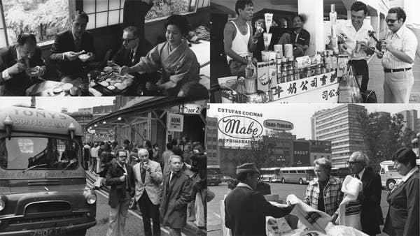 Musicians and staff have long loved touring abroad for the dining, shopping, and exploring opportunities. Clockwise starting top left: Musicians enjoy food with a local woman in Japan in 1970; Musicians visit a food cart in Hong Kong in 1978; Musicians and family members check out a street vendor’s wares in Mexico in 1981; Musicians enjoy ice cream in London in 1975.
