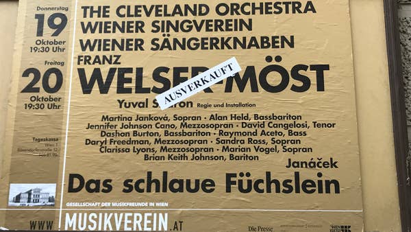 A poster for the 2017 Musikverein residency with an “Ausverkauft” (“Sold Out”) sticker.