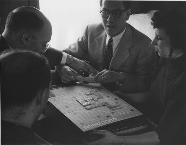 Members of The Cleveland Orchestra playing Scrabble while travelling across the United States in a time before the Smartphone, c.a. 1950s.