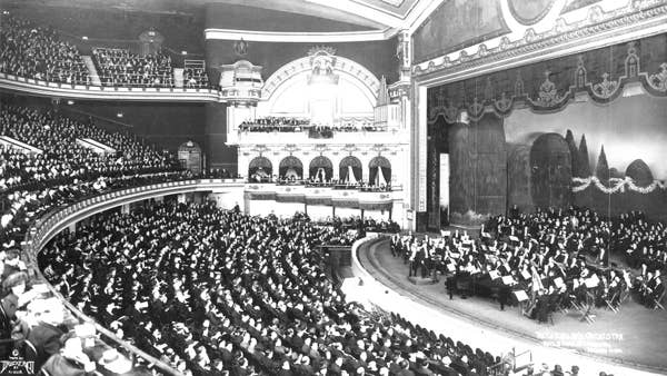 The Orchestra performs under the baton of Nikolai Sokoloff at New York City’s Hippodrome Theater in 1921.