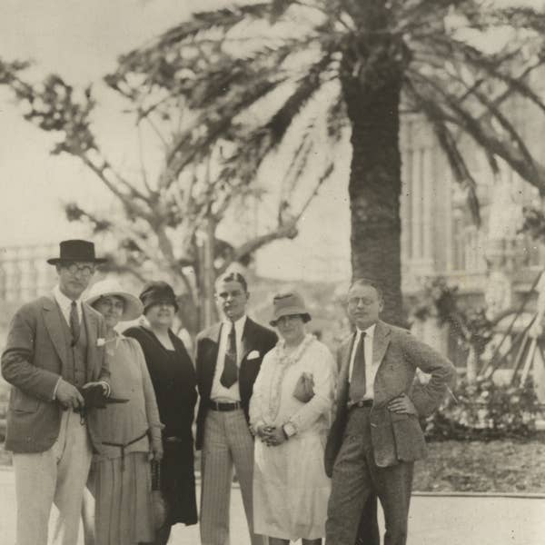 Nikolai Sokoloff (far left), Adella Prentiss Hughes (second from left), and other Musical Arts Association staff and family sightsee in Havana, Cuba in 1927.