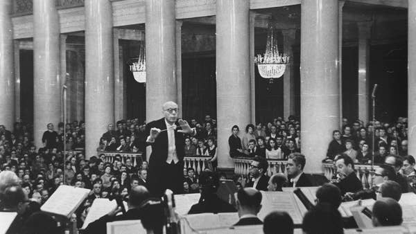 George Szell leads the Orchestra in a concert at Bolshoi Hall in modern-day Saint Petersburg, Russia, to a packed house in 1965.
